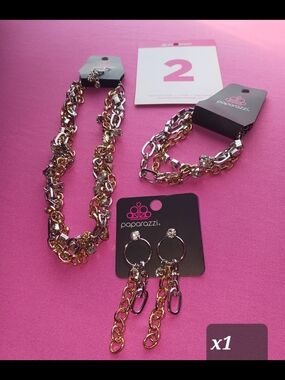 paparazzi Two-Tone Gold & Silver Chain Necklace, Bracelet & Dangle Earrings Set